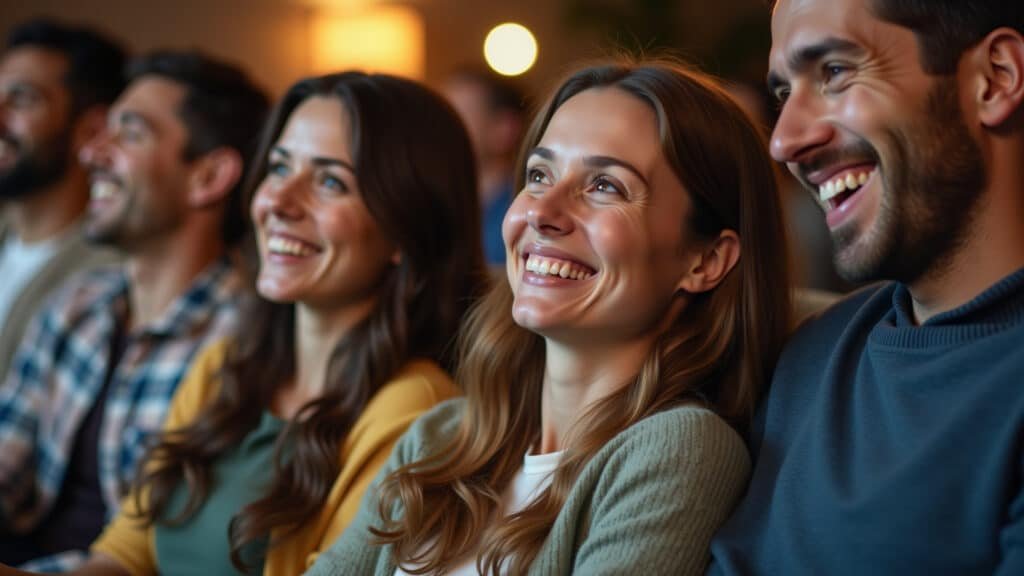 A person looking relaxed and smiling while watching a show, comfortable setting, soft lighting, 8K, Pessoa relaxada e sorrindo enquanto assiste série.