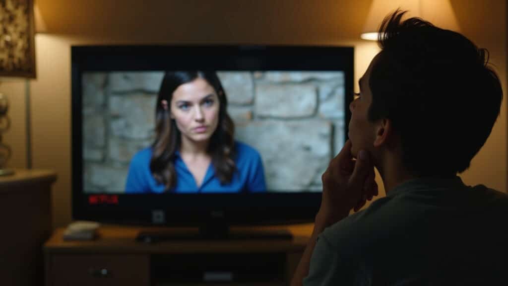 A person pausing a complex scene on Netflix, looking thoughtful, warm indoor lighting, 8K, Pessoa pausando série complexa na Netflix para entender a trama.