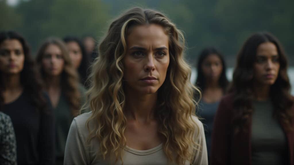 A scene from 'The OA', showing Prairie Johnson with a determined look, surrounded by a group of Prairie Johnson em The OA, com olhar determinado e grupo diversificado.