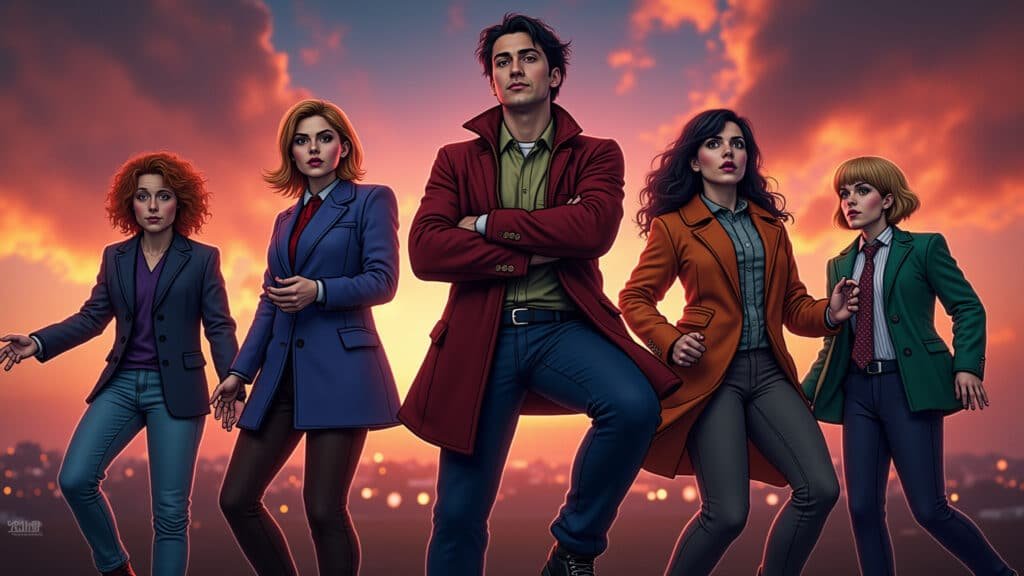 A scene from 'The Umbrella Academy', featuring the Hargreeves siblings in a dynamic pose, ready to Irmãos Hargreeves prontos para o apocalipse em The Umbrella Academy.