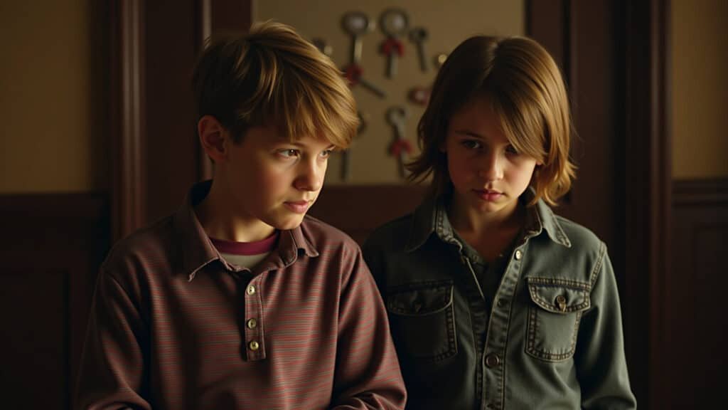 A shot from 'Locke & Key', showcasing the Locke siblings exploring a mysterious mansion filled with Irmãos Locke explorando mansão com chaves mágicas em Locke & Key.