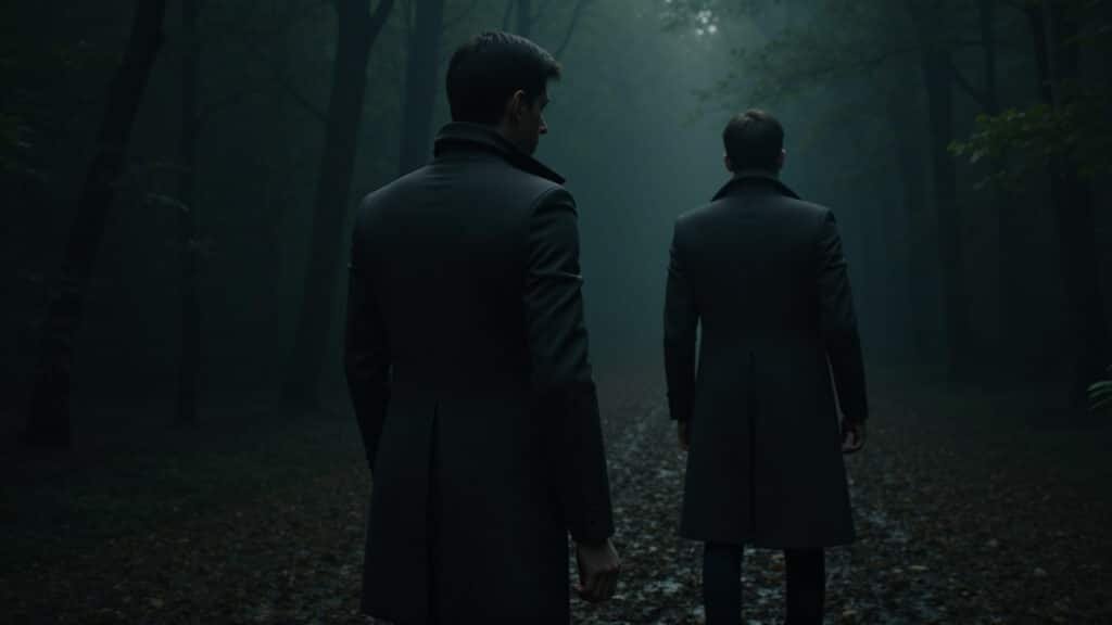A still from 'Dark', a German time-travel series, featuring a tense scene in a dimly lit forest, Cena tensa da série Dark, com floresta escura e personagens misteriosos.
