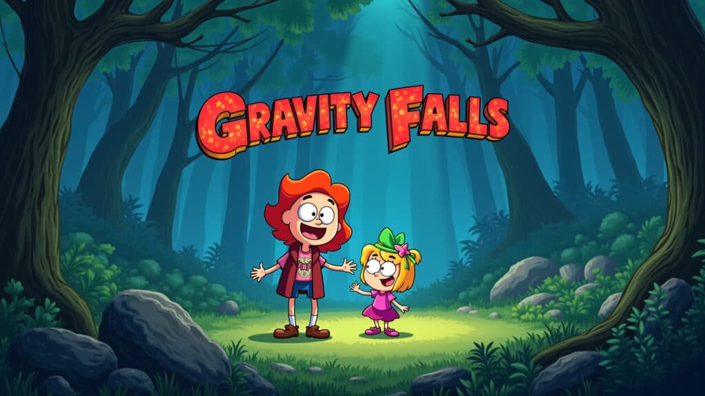 A vibrant scene from 'Gravity Falls', featuring Dipper and Mabel Pines exploring a mysterious Dipper e Mabel Pines explorando floresta misteriosa em Gravity Falls.