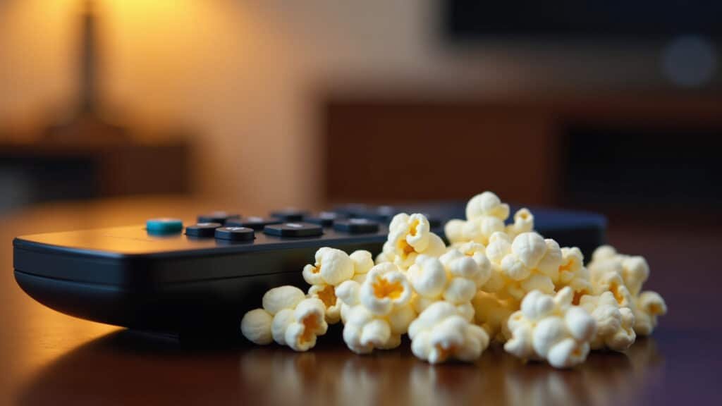 Close-up of a remote control and popcorn, suggesting a binge-watching session, warm lighting, 8K, Controle remoto e pipoca, prontos para maratonar séries.