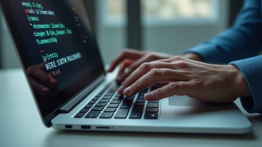Close-up of hands typing complex password on a laptop, emphasizing strong password creation, 8K, Mãos digitando senha complexa em laptop.