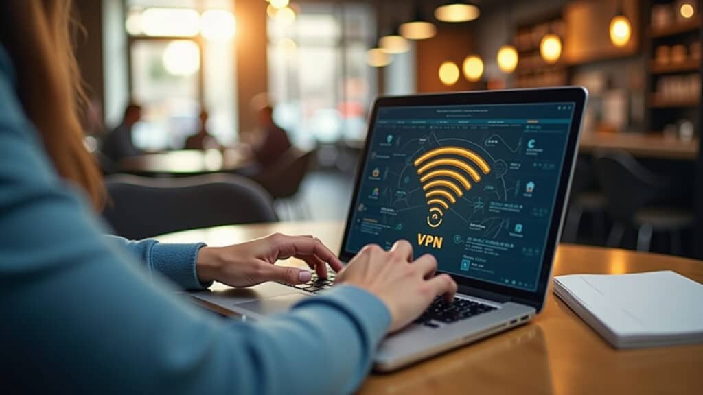 Person using VPN on laptop in a public cafe, secure Wi-Fi concept, 8K quality, sharp focus, Pessoa usando VPN em café com Wi-Fi público.
