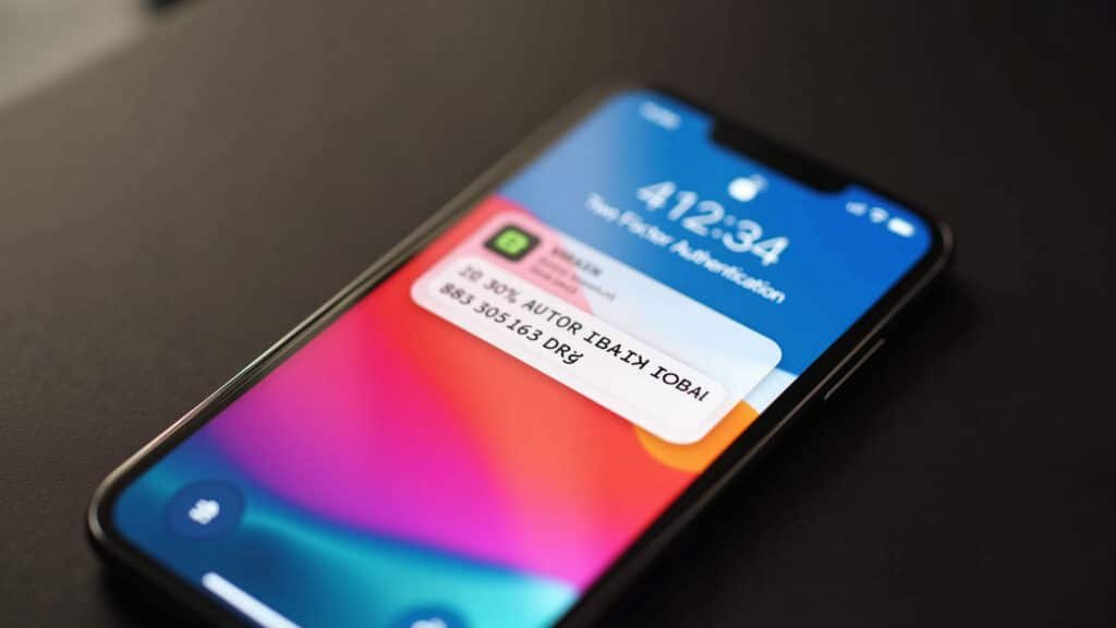 Smartphone displaying two-factor authentication code, vibrant colors, professional photography, 8K Smartphone mostrando código de autenticação de dois fatores.