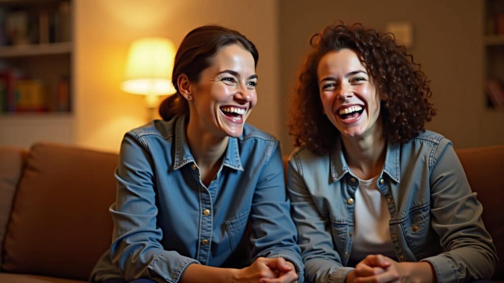 Two friends laughing while watching a show, cozy living room setting, warm colors, 8K, lifestyle Amigos rindo juntos assistindo série em sala aconchegante.