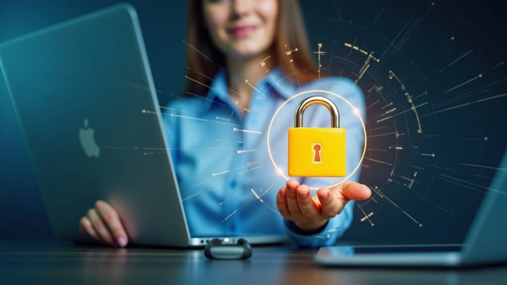Woman securing laptop with padlock overlay, representing digital safety, vibrant colors, Mulher protegendo laptop com cadeado, segurança digital.