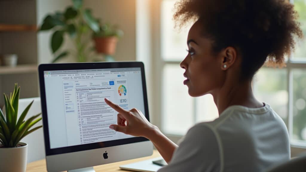 Mulher usando declaração pré-preenchida do Imposto de Renda no computador.