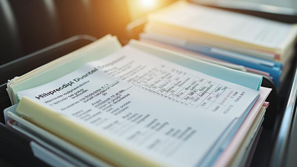 Pastas organizadas com comprovantes de despesas médicas e educação para o IR.