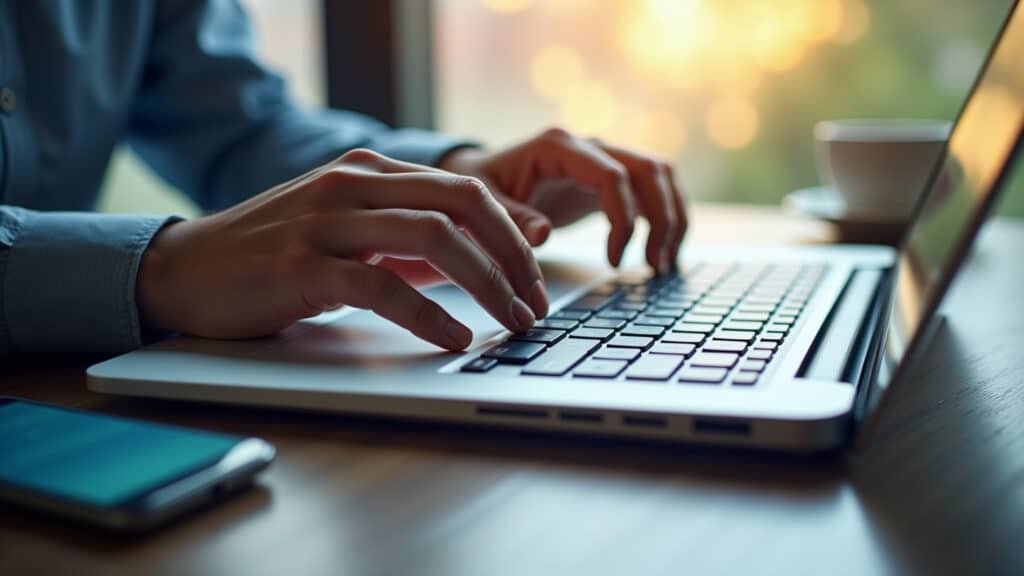 Mãos digitando dados bancários para evitar erros na restituição do IR.