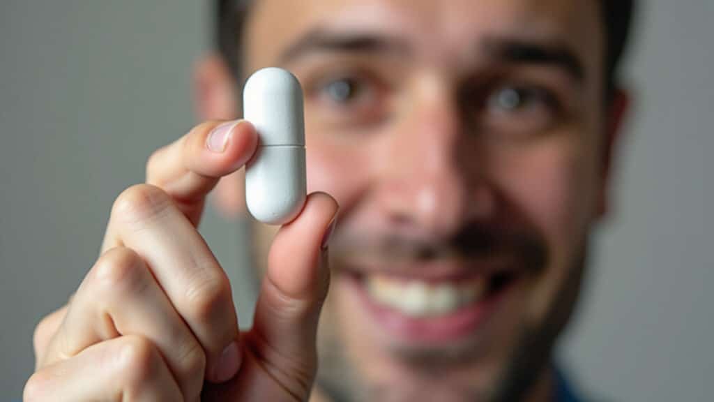 A person holding a blank pill, with a hopeful expression, representing the power of the placebo Pessoa segurando pílula vazia com expressão esperançosa.