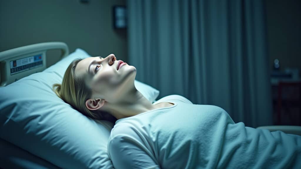 A person lying in a hospital bed, surrounded by a soft, white light, experiencing an out-of-body Pessoa em leito hospitalar experimentando sensação fora do corpo.