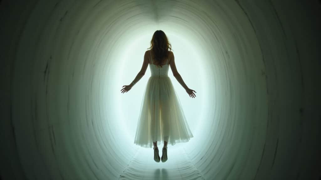 A woman floating in a tunnel of light, experiencing a near-death experience. Soft, ethereal Mulher flutuando em túnel de luz durante experiência de quase morte.