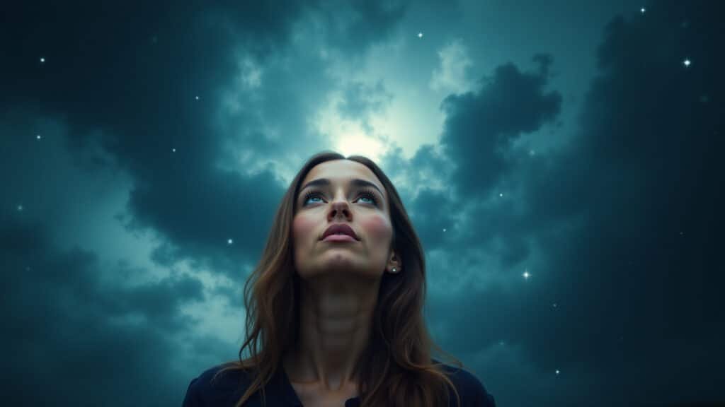 A woman having a vivid dream about a future event. Dreamlike, surreal atmosphere. Professional Mulher tendo sonho vívido sobre evento futuro.