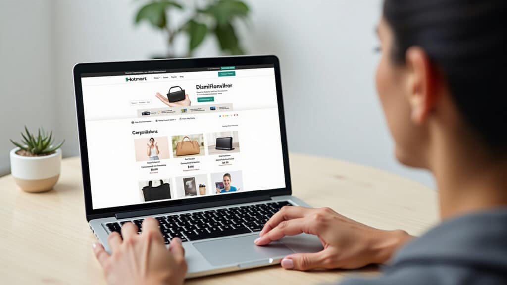 Affiliate marketer promoting product, laptop, Hotmart platform, commission earnings, digital Afiliado de marketing promovendo produto online.