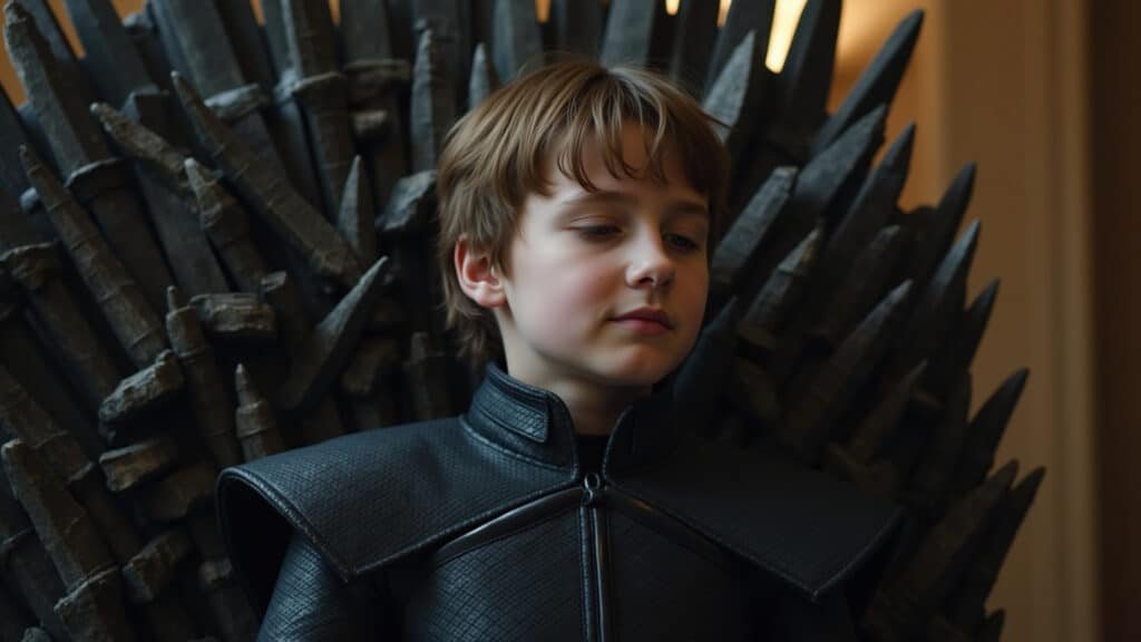 Bran Stark no Trono de Ferro, olhar sereno.
