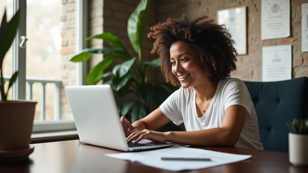 Mulher analisa opções do Tesouro Direto no laptop.