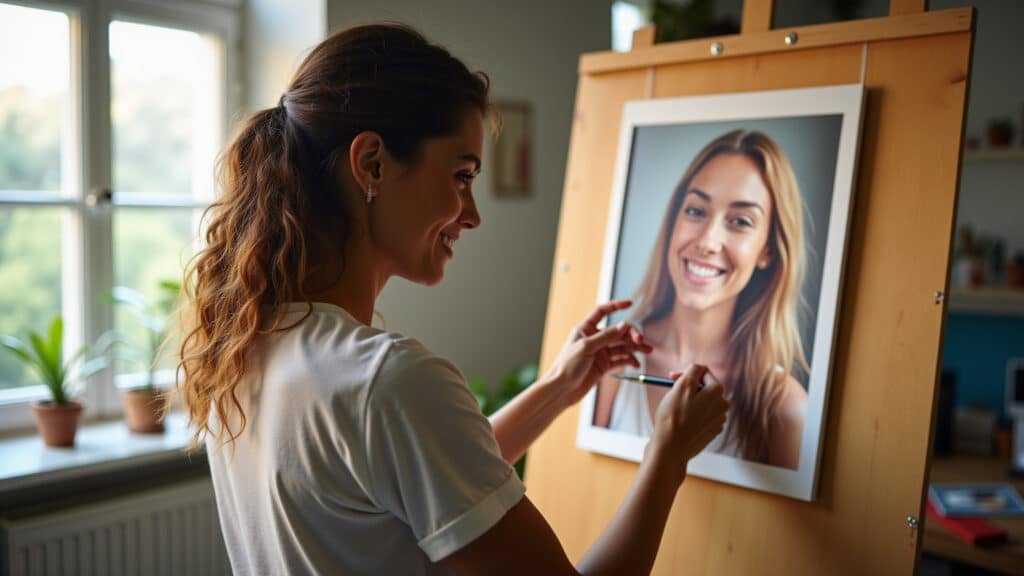 Mulher brasileira criando painel de fotos DIY para decorar o quarto.