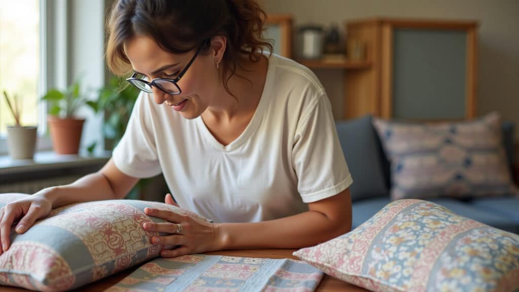 Mulher brasileira costurando almofadas decorativas, projeto DIY.