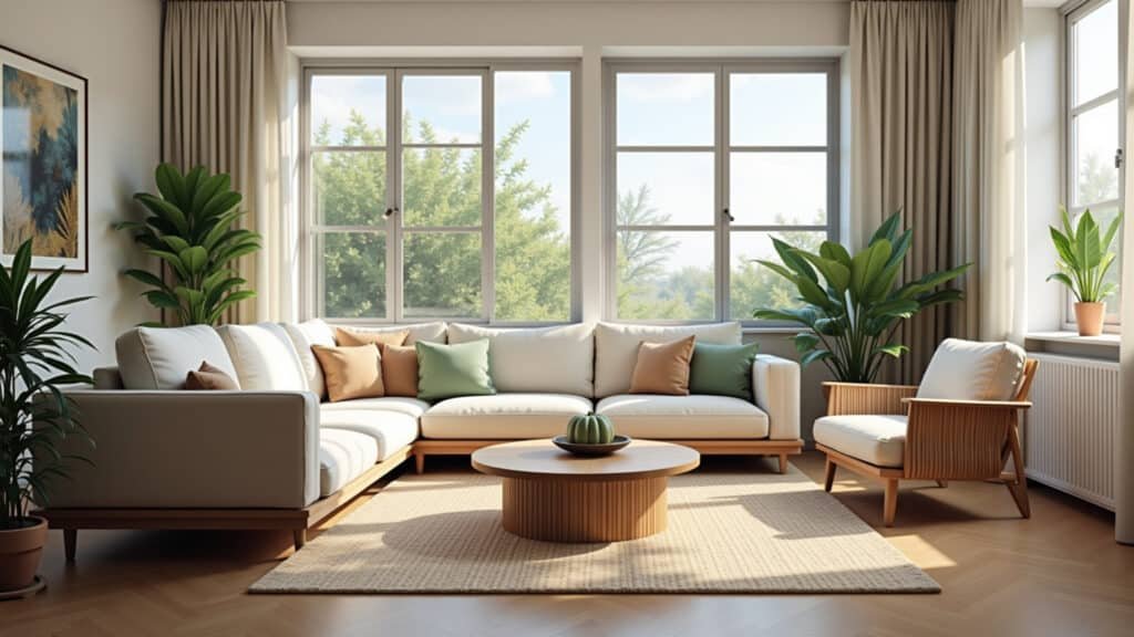 Sala de estar iluminada com sofá moderno de design brasileiro.