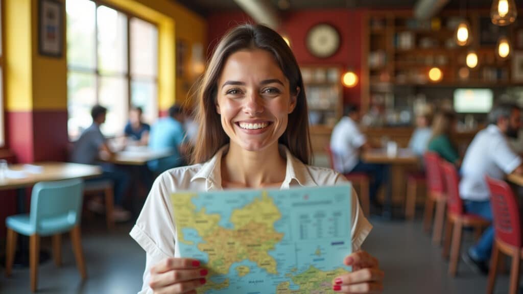 Mulher sorrindo planejando viagem econômica para a Europa em café vibrante.