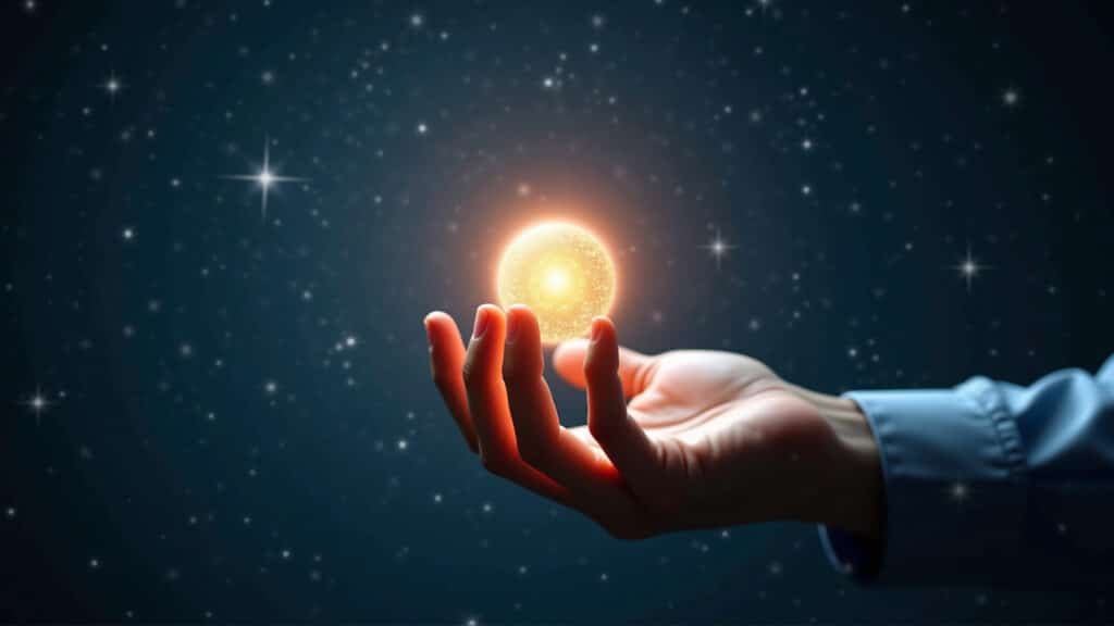 Close-up of a hand touching a glowing orb representing an unknown signal, surrounded by a field of Mão tocando orbe brilhante representando sinal desconhecido.