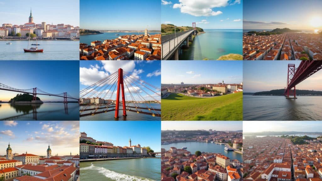 Colagem de pontos turísticos de Lisboa e Porto, roteiro equilibrado.
