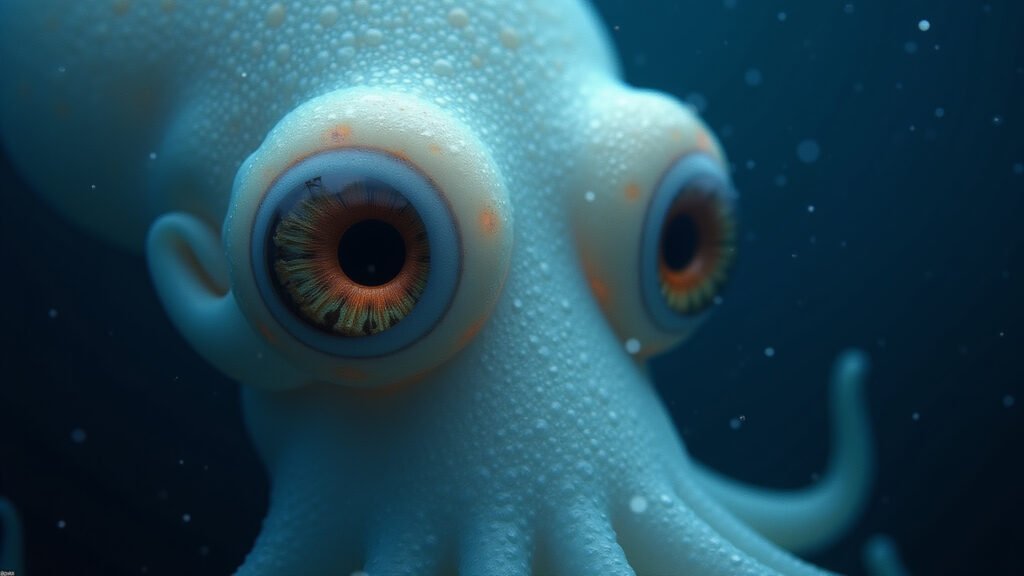 Colossal squid giant eyes, 8K, deep ocean, natural lighting, hyper-realistic, focus on eye size, Lula-colossal com olhos gigantes.
