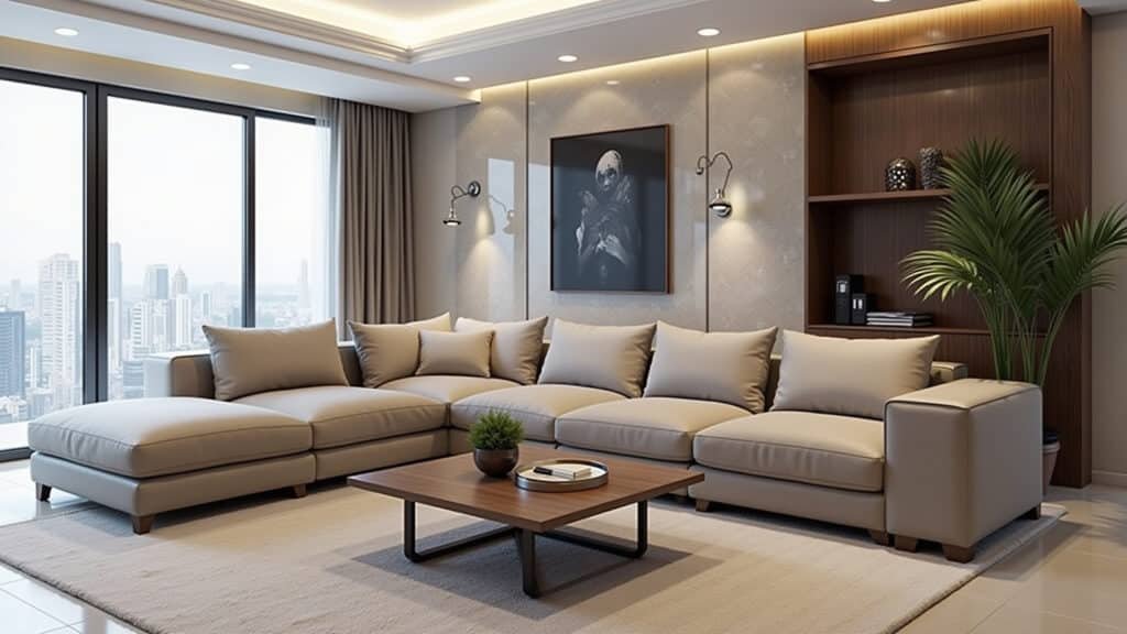 Sofá de canto otimizando o espaço da sala.