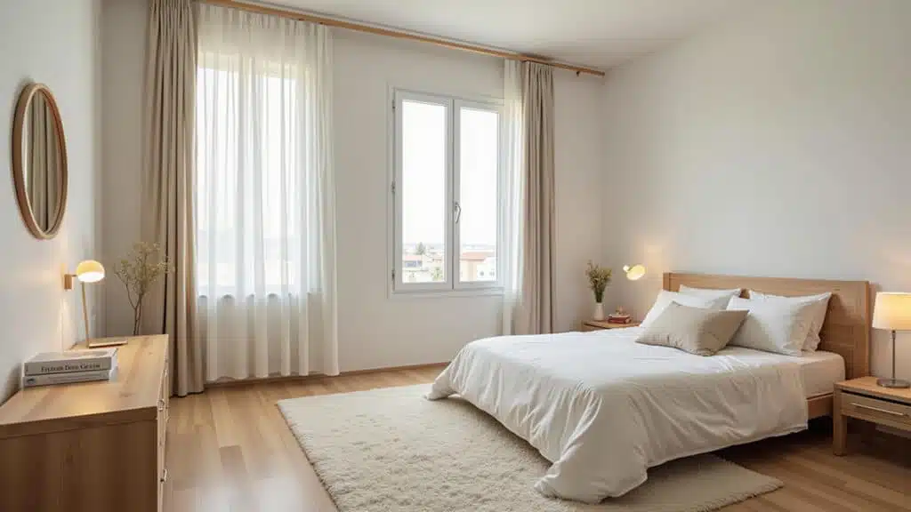 Quarto branco aconchegante com toques de bege e madeira.