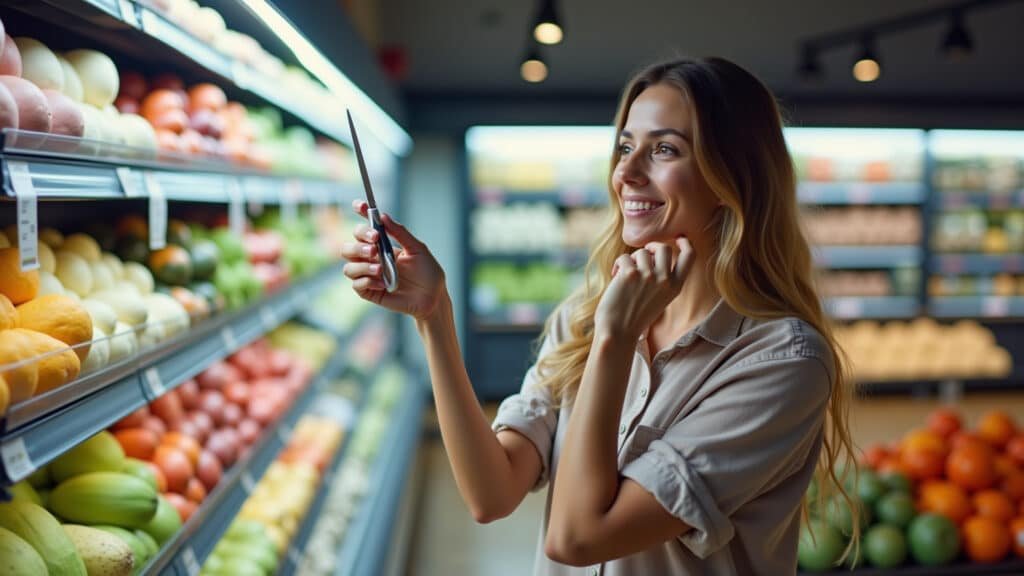 Cutting expenses, woman thoughtfully considering purchases, Brazilian supermarket, comparing Mulher cortando gastos supérfluos no supermercado.