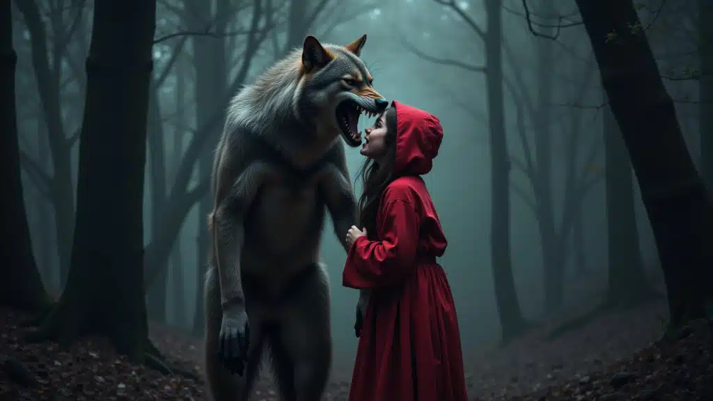 Dark fairytale scene, Red Riding Hood original tale, wolf devouring grandma, shadowy forest, Ilustração sombria da Chapeuzinho Vermelho original com o lobo devorando a avó.