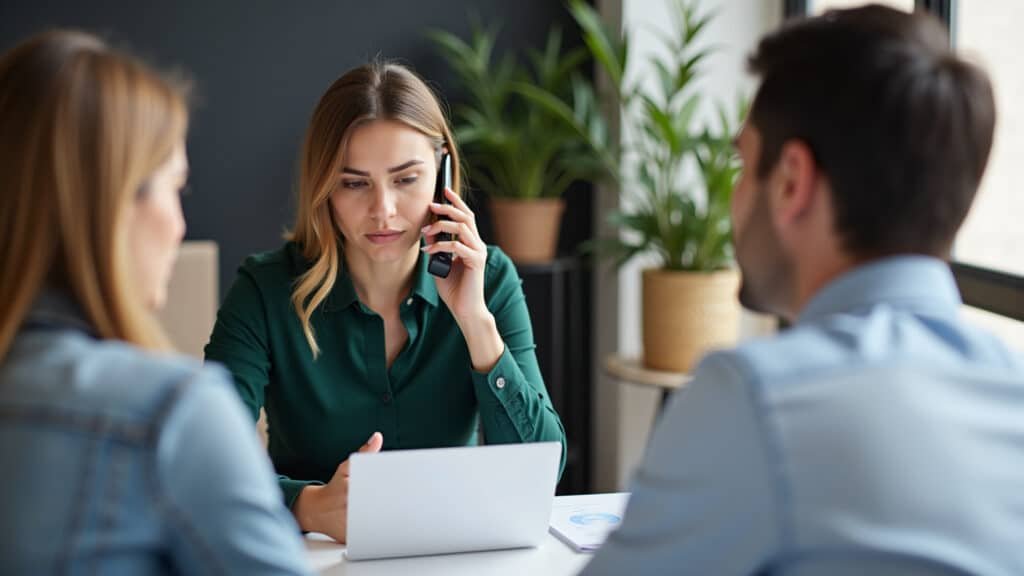 Debt negotiation, woman talking to bank representative on phone, serious expression, modern Negociação de dívidas com banco por telefone.