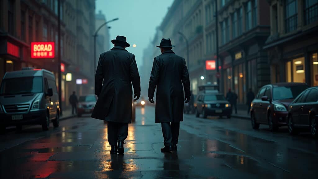 Detectives in a dark, rainy city, investigating a crime scene with symbols related to the seven Detetives investigando cena de crime em Seven: Os Sete Crimes Capitais.