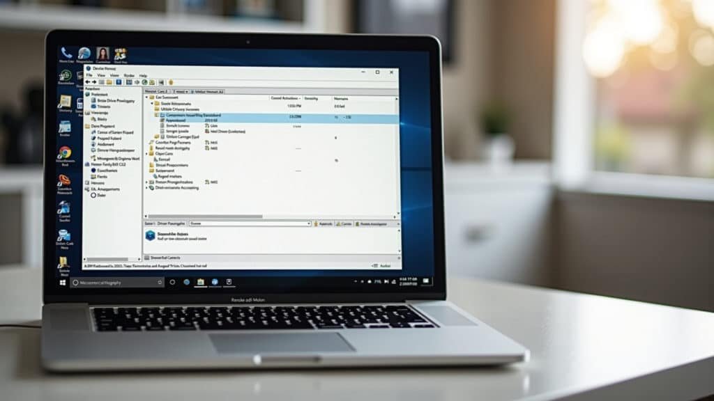 Device manager window open on laptop, updating drivers, natural light, 8k, professional Atualizando drivers no gerenciador de dispositivos.