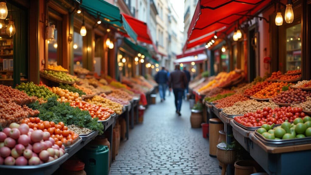 Mercado de rua europeu, barracas de comida e produtos frescos.