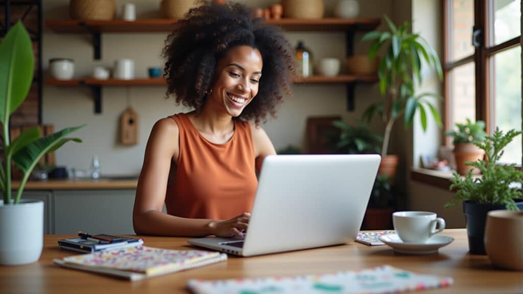 Extra income, woman selling handmade crafts online, Brazilian marketplace, laptop, entrepreneurial Mulher ganhando renda extra vendendo artesanato online.