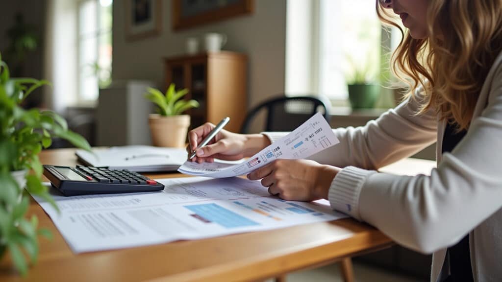 Financial diagnosis, woman analyzing bills at wooden table, natural light, cozy Brazilian Mulher analisando finanças para diagnóstico financeiro.