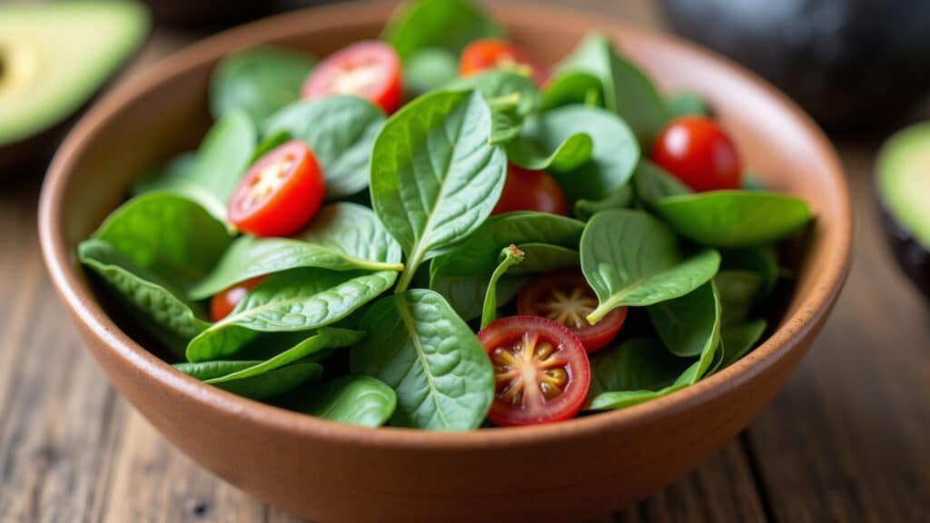 Salada fresca de espinafre, rica em nutrientes para aumentar a imunidade.