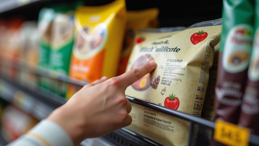 Lista de ingredientes em embalagem de alimento no supermercado.