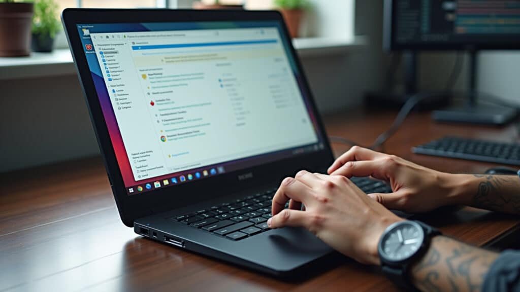 Hands on keyboard, task manager open, disabling startup programs, natural light, 8k, professional Desativando programas na inicialização do notebook.