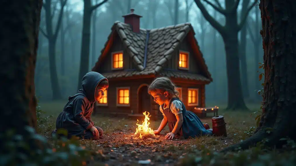 Hansel and Gretel original, witch fattening children, creepy gingerbread house, dark forest, 8K Bruxa engordando João e Maria na casa de doces.