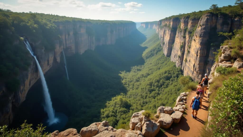Hiking in Chapada dos Veadeiros, Brazil. Professional photography, 8K quality, sharp focus, natural Trilha na Chapada dos Veadeiros, GO: Cachoeiras e paisagens.