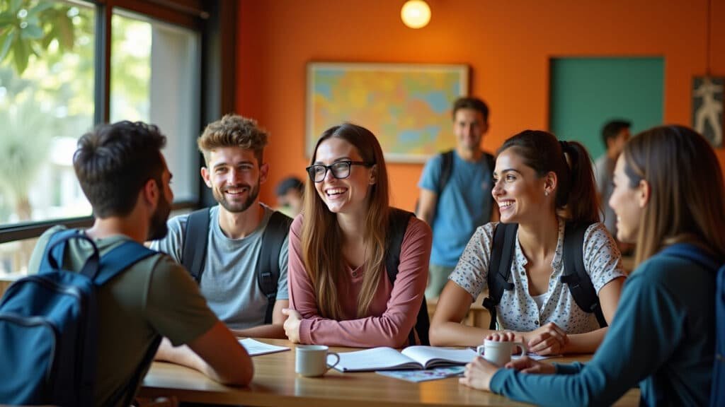 Jovens viajantes em hostel na Europa, ambiente amigável e colorido.
