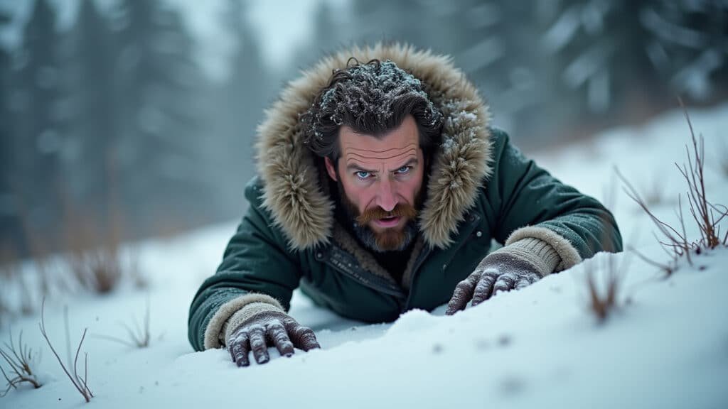 Hugh Glass crawling through the wilderness, injured and determined, snow-covered landscape. Hugh Glass lutando pela sobrevivência em O Regresso.