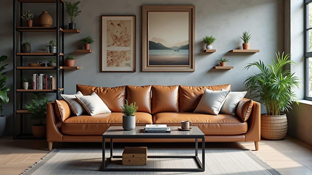Sala de estar industrial com sofá de couro e decoração moderna.