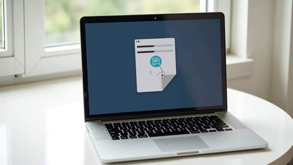 Laptop screen showing disk cleanup process, files being deleted, bright natural light, 8k, Limpeza de disco em andamento no notebook.