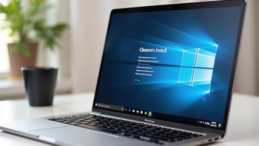 Laptop screen showing Windows reinstallation process, clean install, natural light, 8k, Formatando e reinstalando o Windows no notebook.